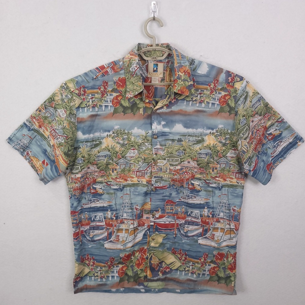 Kahala Button Down Shirt Mens L Blue Harbor Scenic Cotton Lawn Aloha